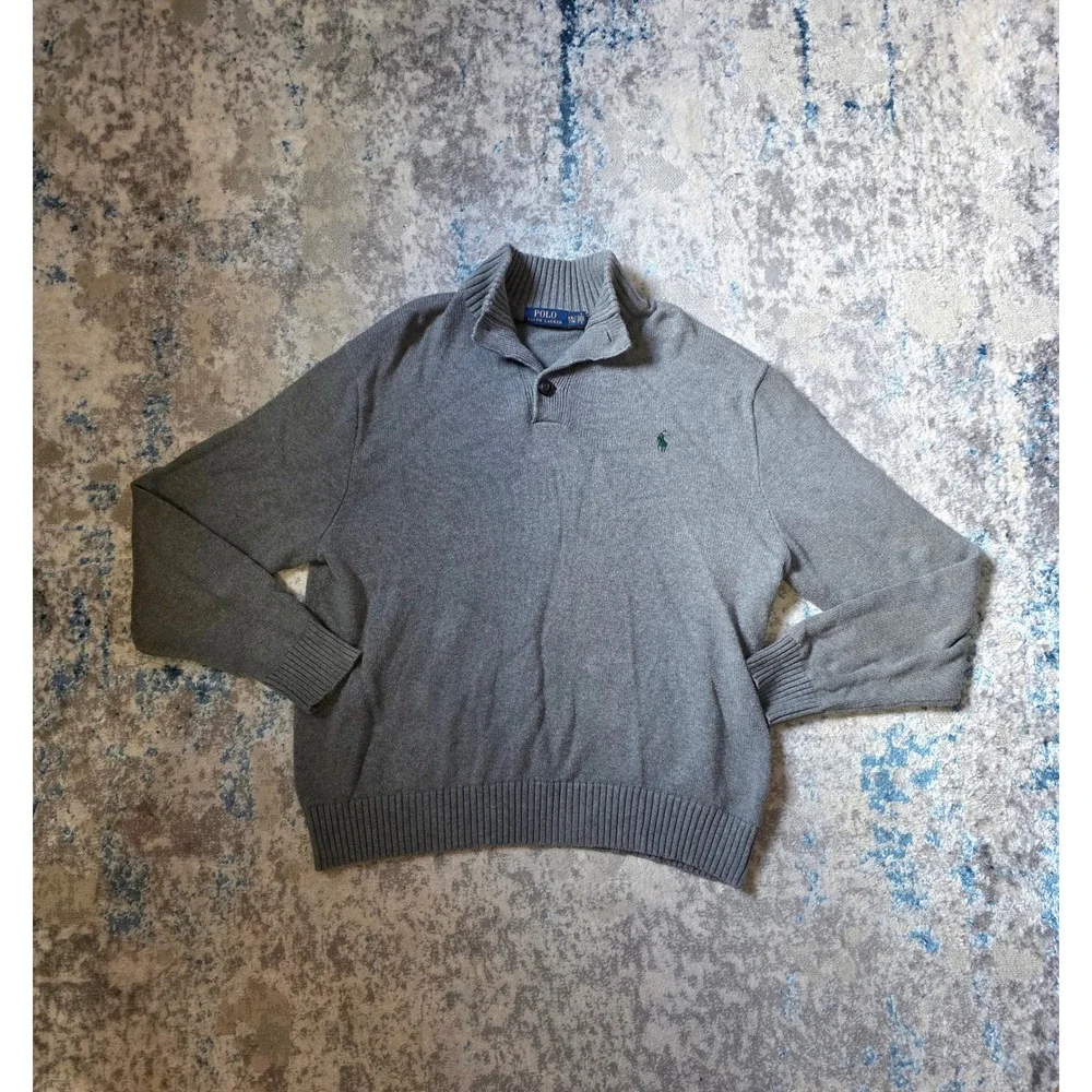 Polo Ralph Lauren Men's XXL Grey 1/4 Button 100% Cotton Long Sleeve‎ Sweater